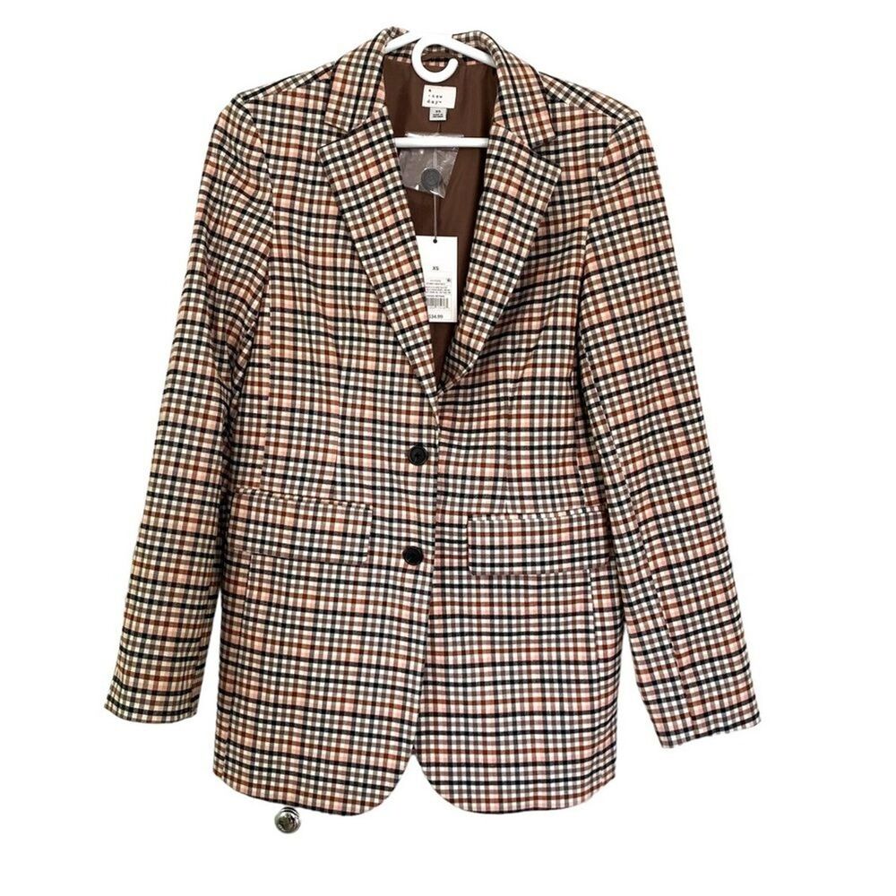 A New Day Brown Cream Check Plaid Office Blazer Single Button Size XS